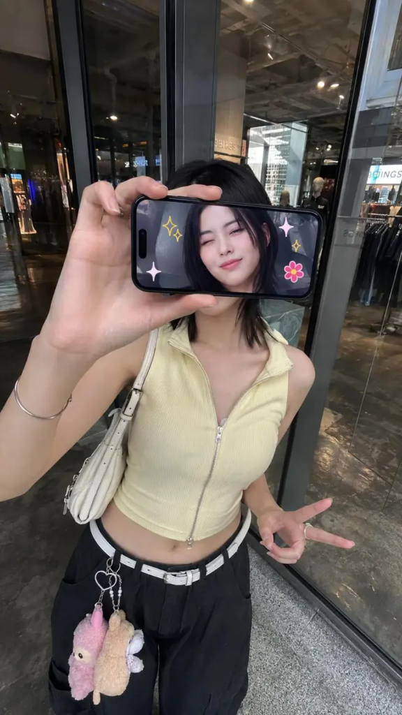 手机屏幕遮脸创意人像摄影提示词