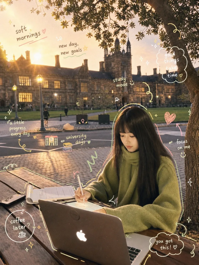 学习氛围感图片生成提示词-温暖秋日校园学习场景