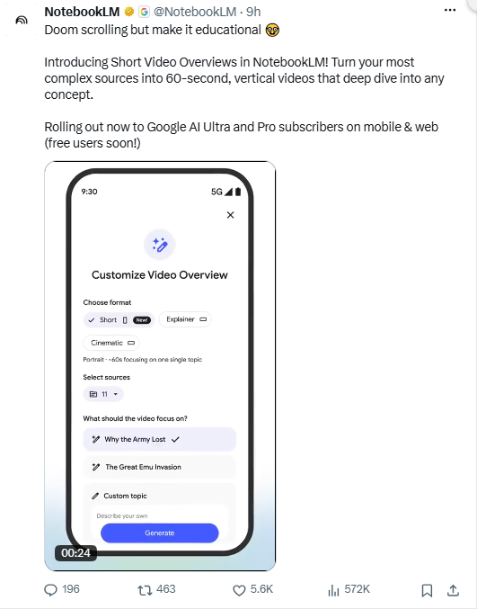 谷歌NotebookLM升级：付费用户抢先体验文字转TikTok风竖屏AI短片